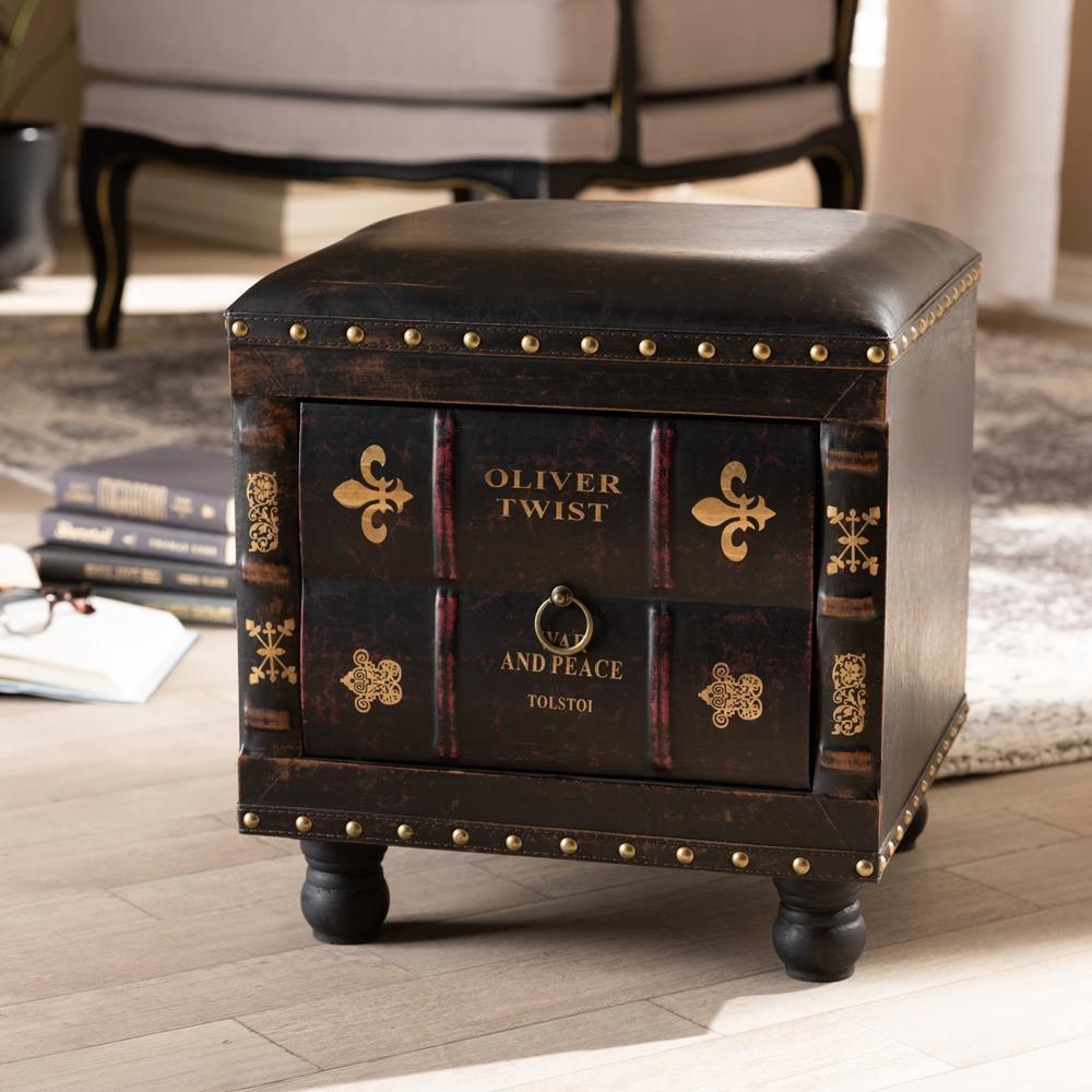 Charlier Rustic Antique Inspired Dark Brown Faux Leather Upholstered Wood Storage Ottoman with Book Spine Drawer FredCo