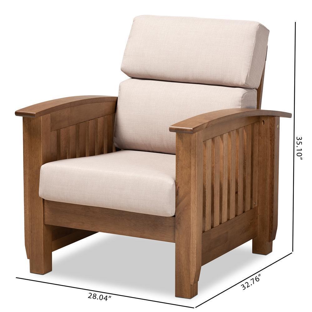 Charlotte Modern Classic Mission Style Taupe Fabric Upholstered Walnut Brown Finished Wood 1-Seater Lounge Chair FredCo