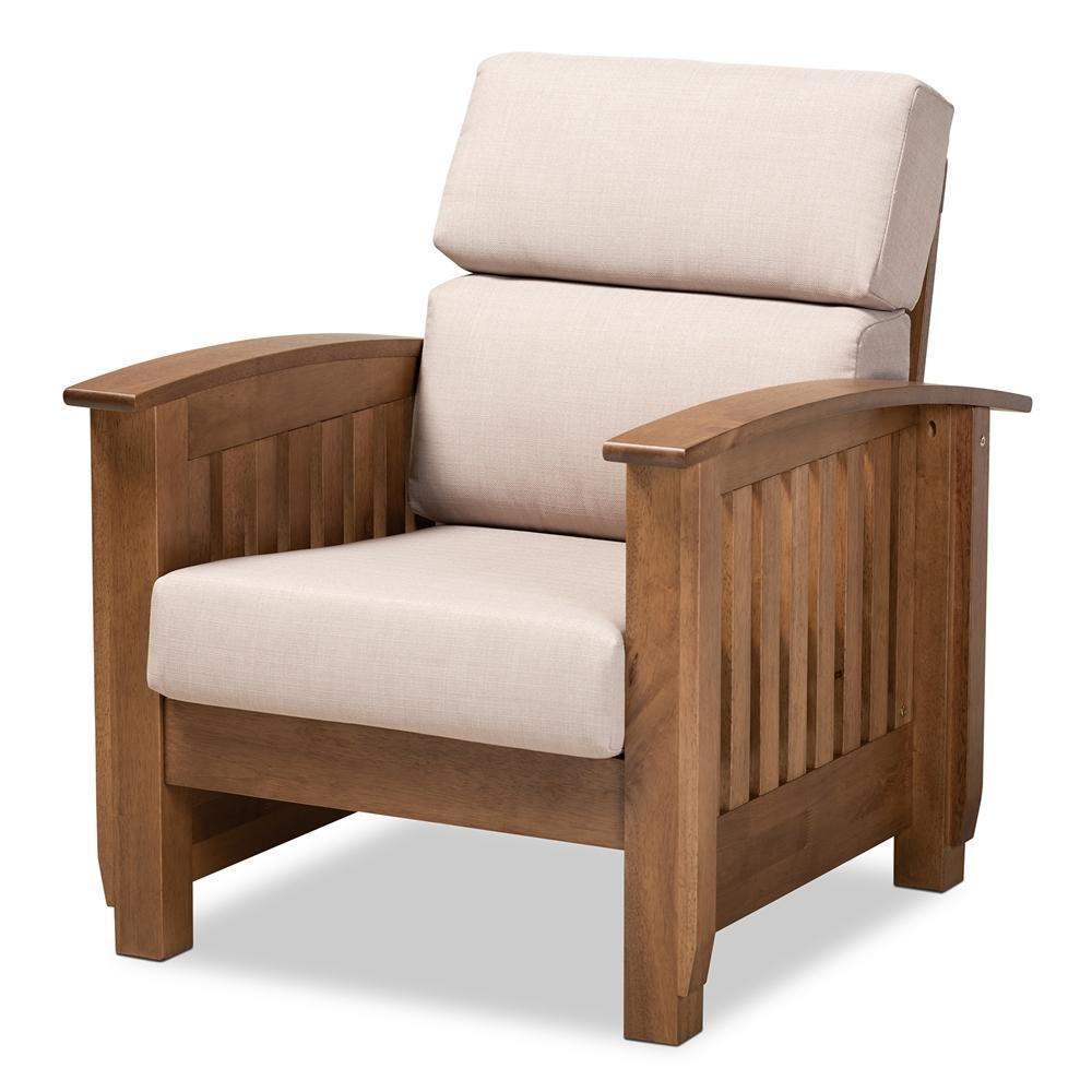 Charlotte Modern Classic Mission Style Taupe Fabric Upholstered Walnut Brown Finished Wood 1-Seater Lounge Chair FredCo