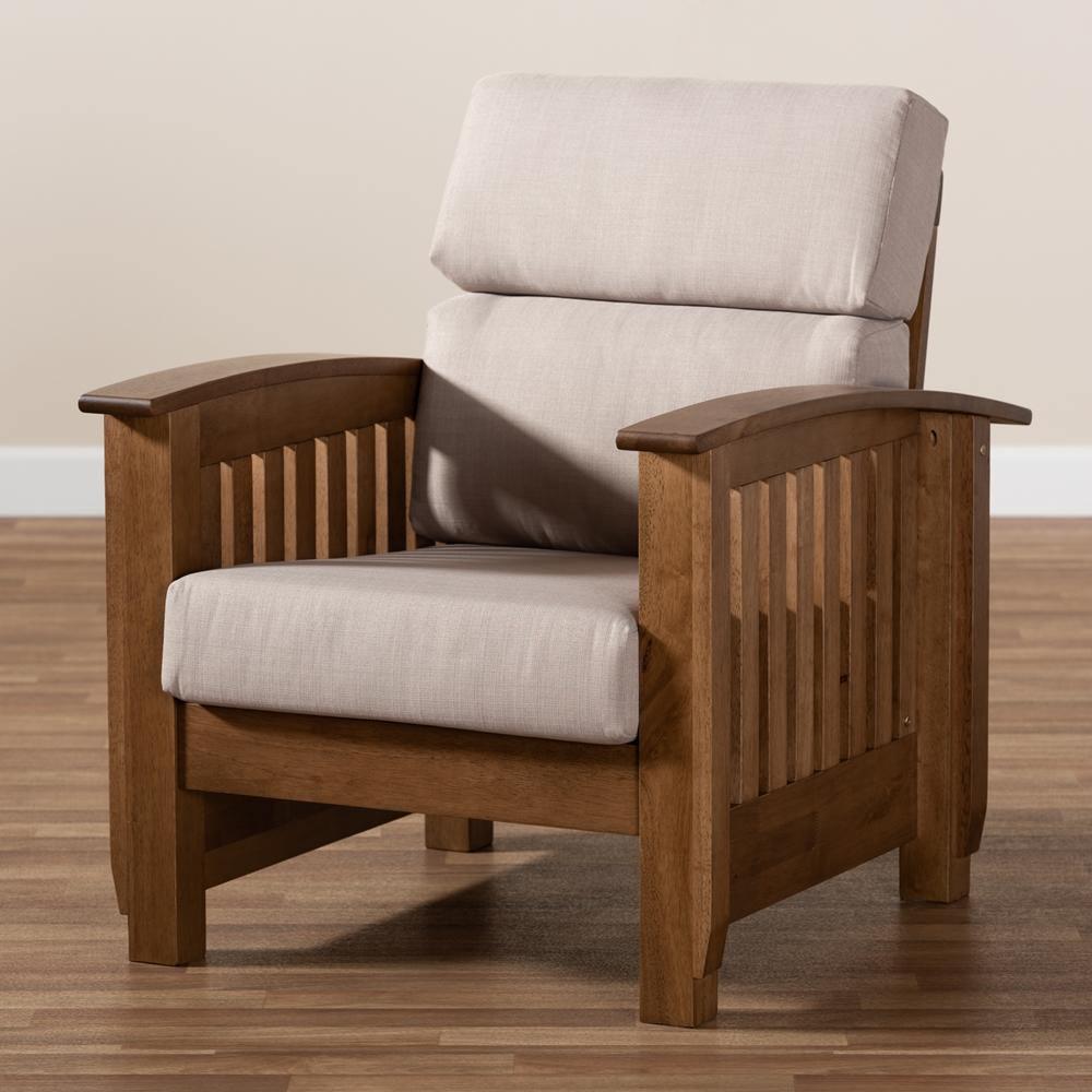 Charlotte Modern Classic Mission Style Taupe Fabric Upholstered Walnut Brown Finished Wood 1-Seater Lounge Chair FredCo