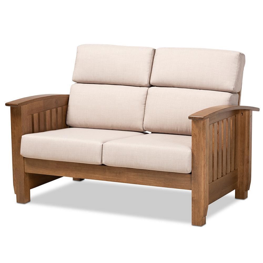 Charlotte Modern Classic Mission Style Taupe Fabric Upholstered Walnut Brown Finished Wood 2-Seater Loveseat FredCo