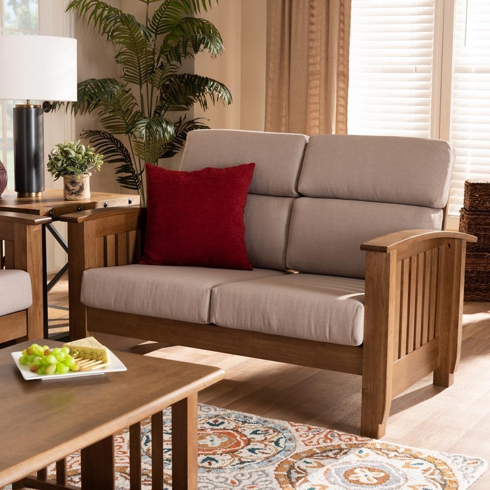 Charlotte Modern Classic Mission Style Taupe Fabric Upholstered Walnut Brown Finished Wood 2-Seater Loveseat FredCo