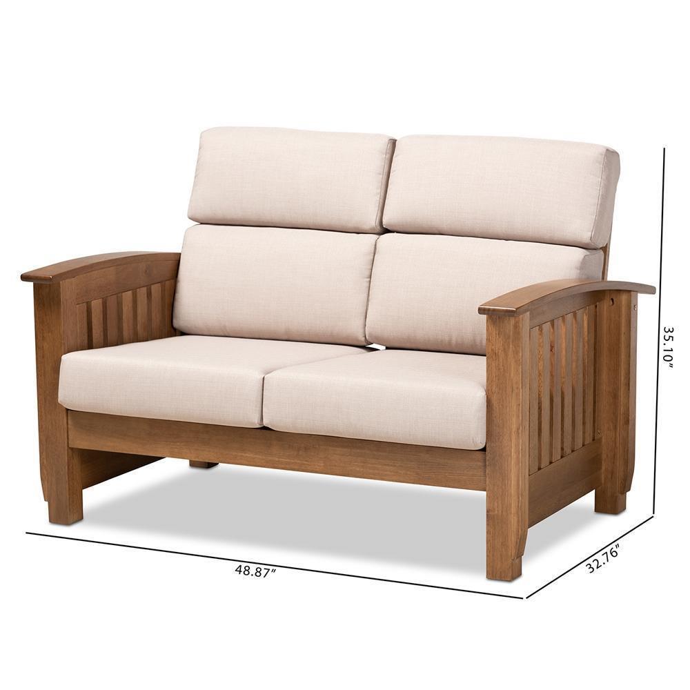 Charlotte Modern Classic Mission Style Taupe Fabric Upholstered Walnut Brown Finished Wood 2-Seater Loveseat FredCo