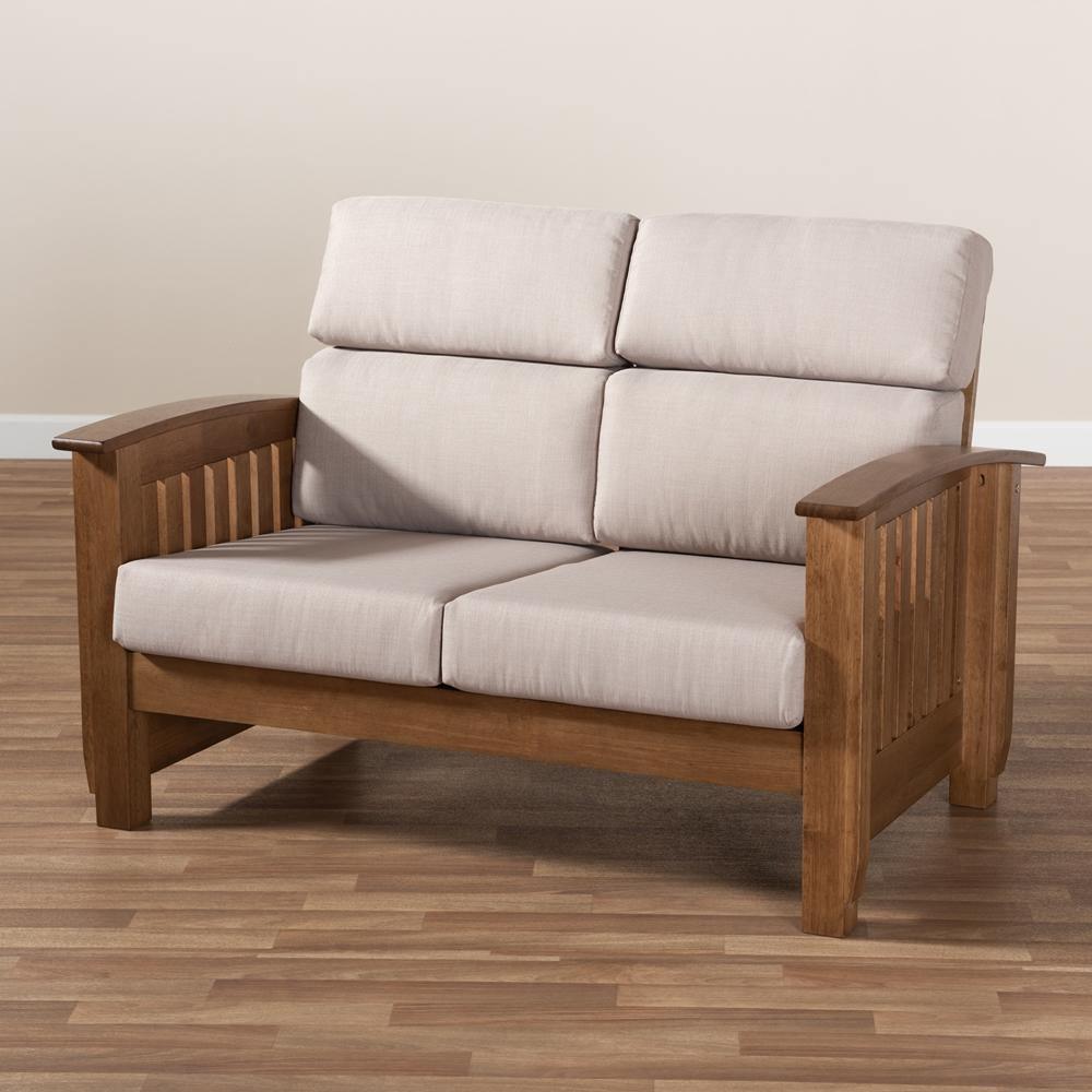 Charlotte Modern Classic Mission Style Taupe Fabric Upholstered Walnut Brown Finished Wood 2-Seater Loveseat FredCo