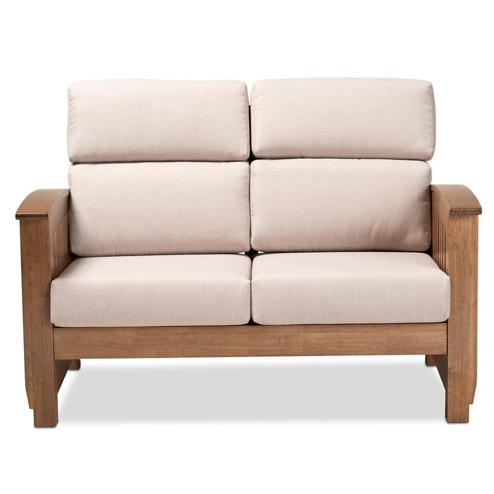 Charlotte Modern Classic Mission Style Taupe Fabric Upholstered Walnut Brown Finished Wood 2-Seater Loveseat FredCo