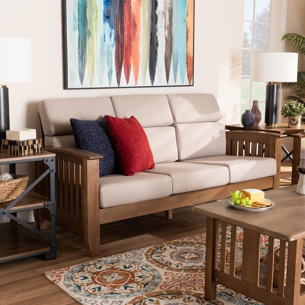 Charlotte Modern Classic Mission Style Taupe Fabric Upholstered Walnut Brown Finished Wood 3-Seater Sofa FredCo