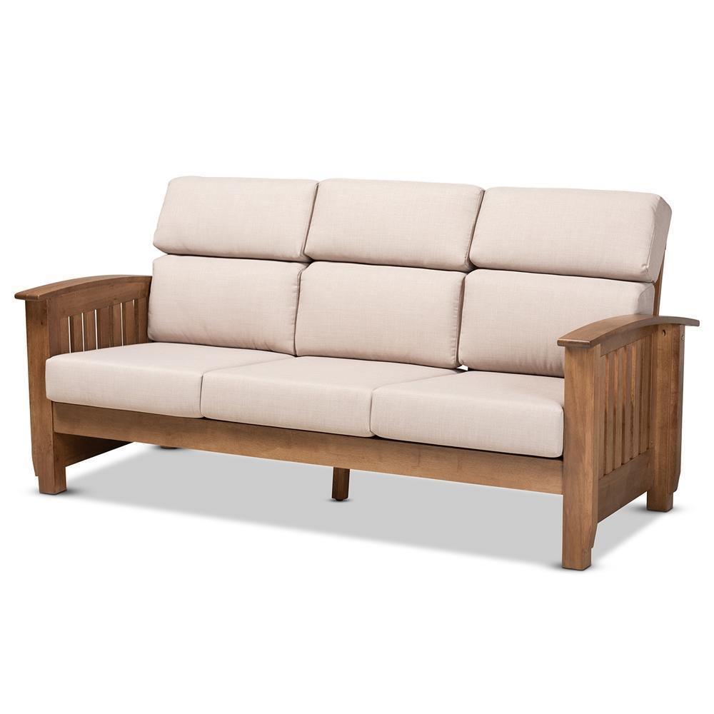 Charlotte Modern Classic Mission Style Taupe Fabric Upholstered Walnut Brown Finished Wood 3-Seater Sofa FredCo
