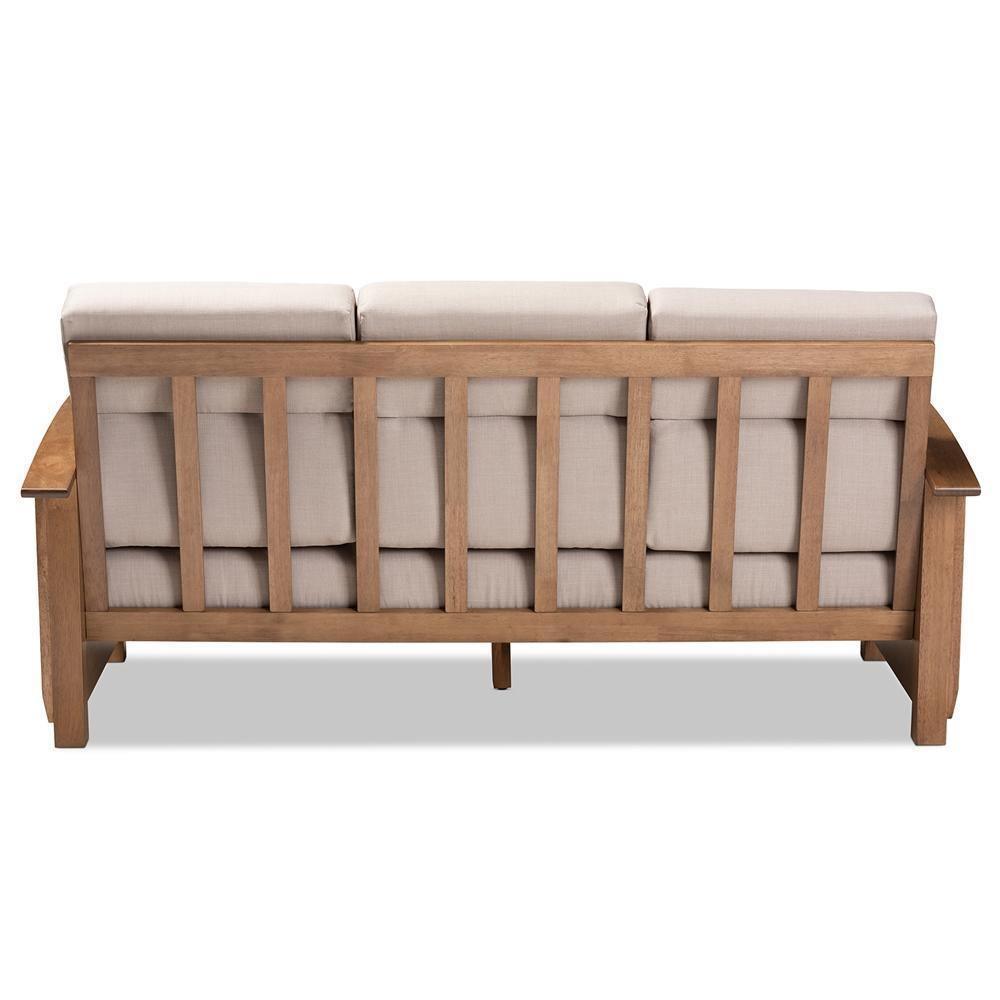 Charlotte Modern Classic Mission Style Taupe Fabric Upholstered Walnut Brown Finished Wood 3-Seater Sofa FredCo