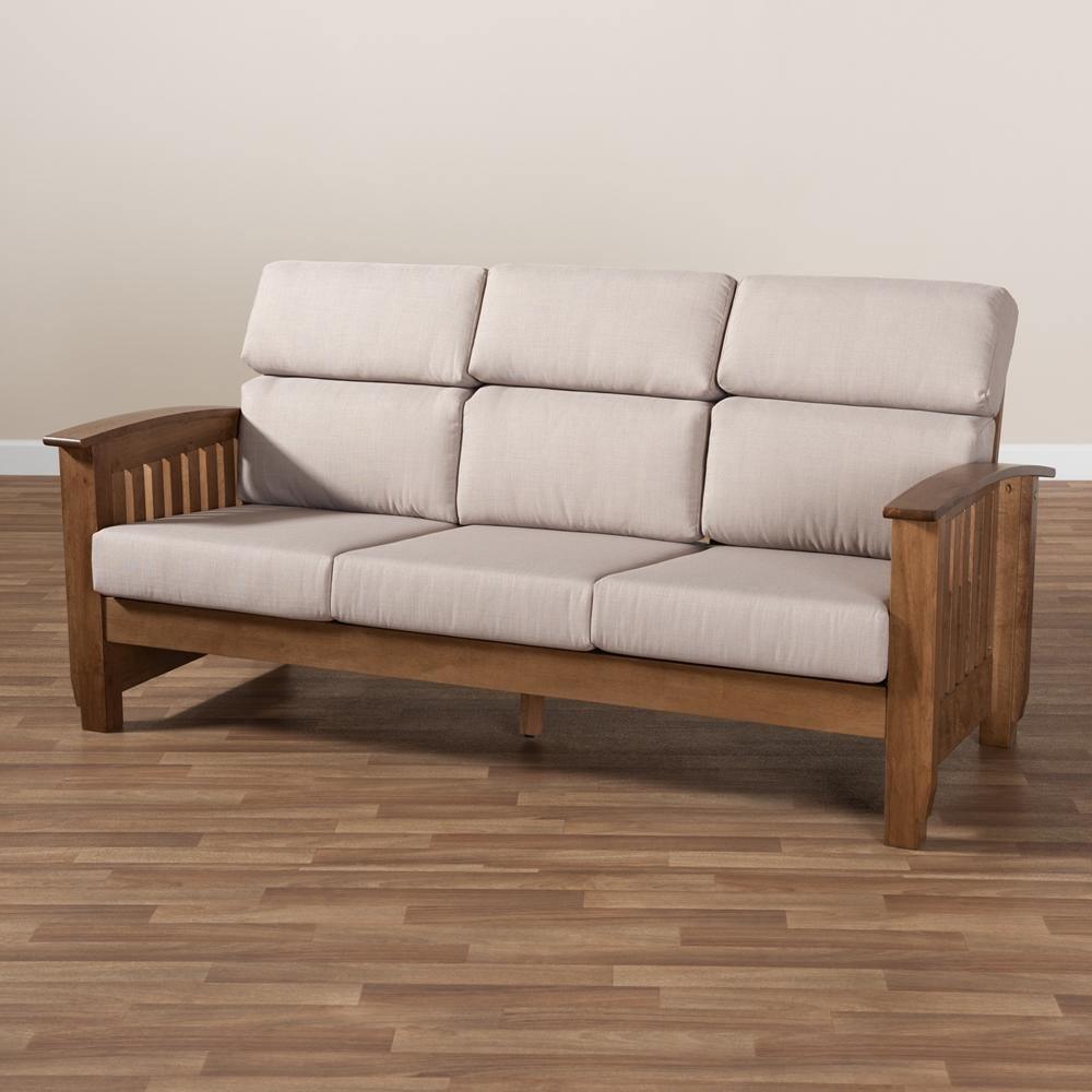 Charlotte Modern Classic Mission Style Taupe Fabric Upholstered Walnut Brown Finished Wood 3-Seater Sofa FredCo