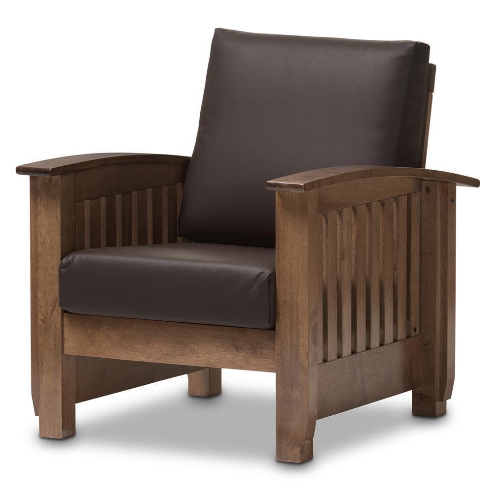 Charlotte Modern Classic Mission Style Walnut Brown Wood and Dark Brown Faux Leather 1-Seater Lounge Chair FredCo