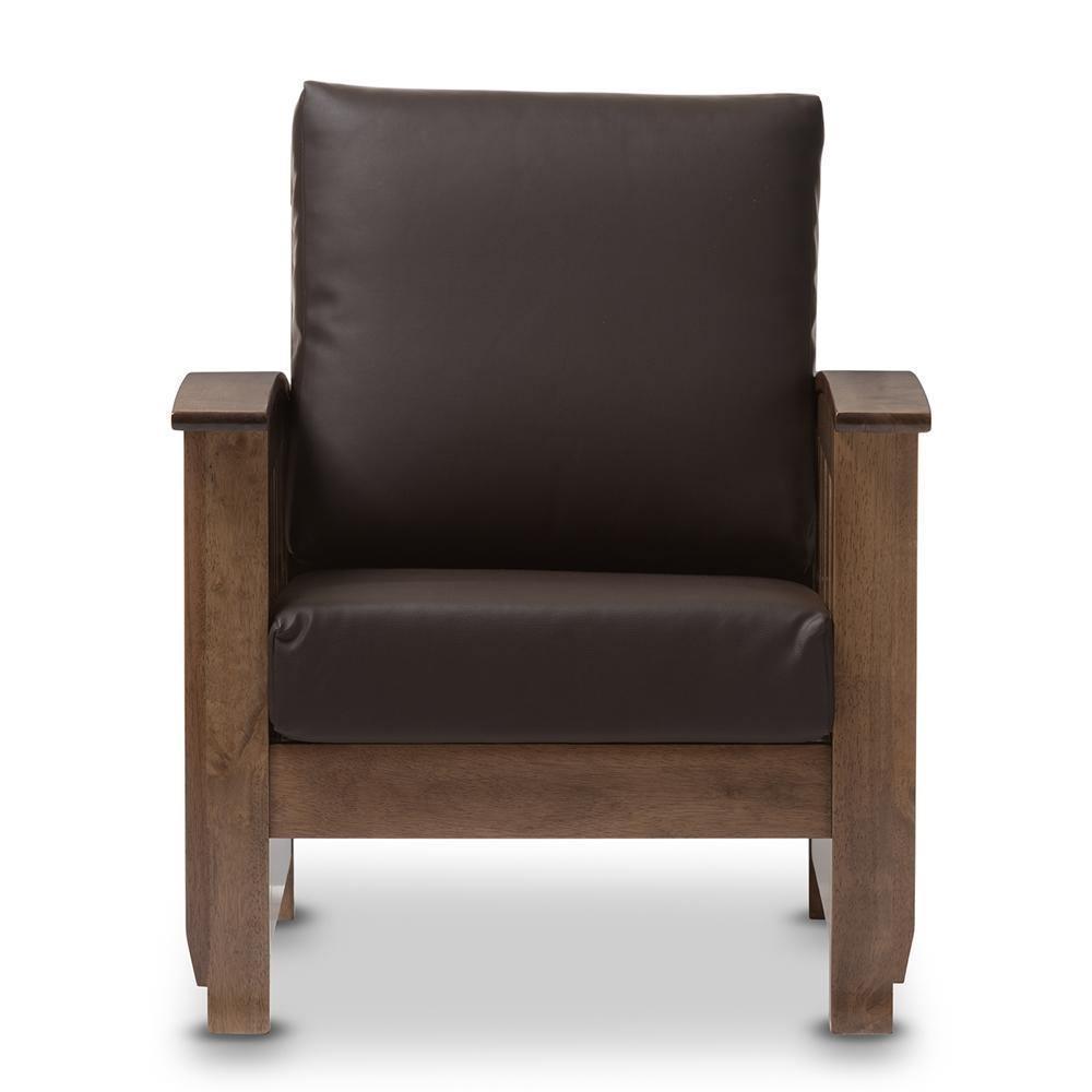Charlotte Modern Classic Mission Style Walnut Brown Wood and Dark Brown Faux Leather 1-Seater Lounge Chair FredCo