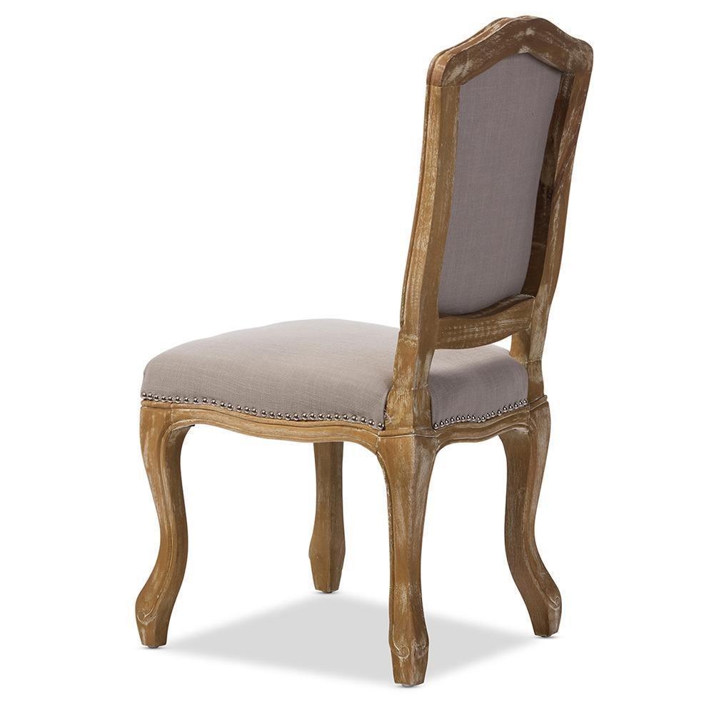 Chateauneuf French Vintage Cottage Weathered Oak Beige Fabric Upholstered Dining Side Chair FredCo