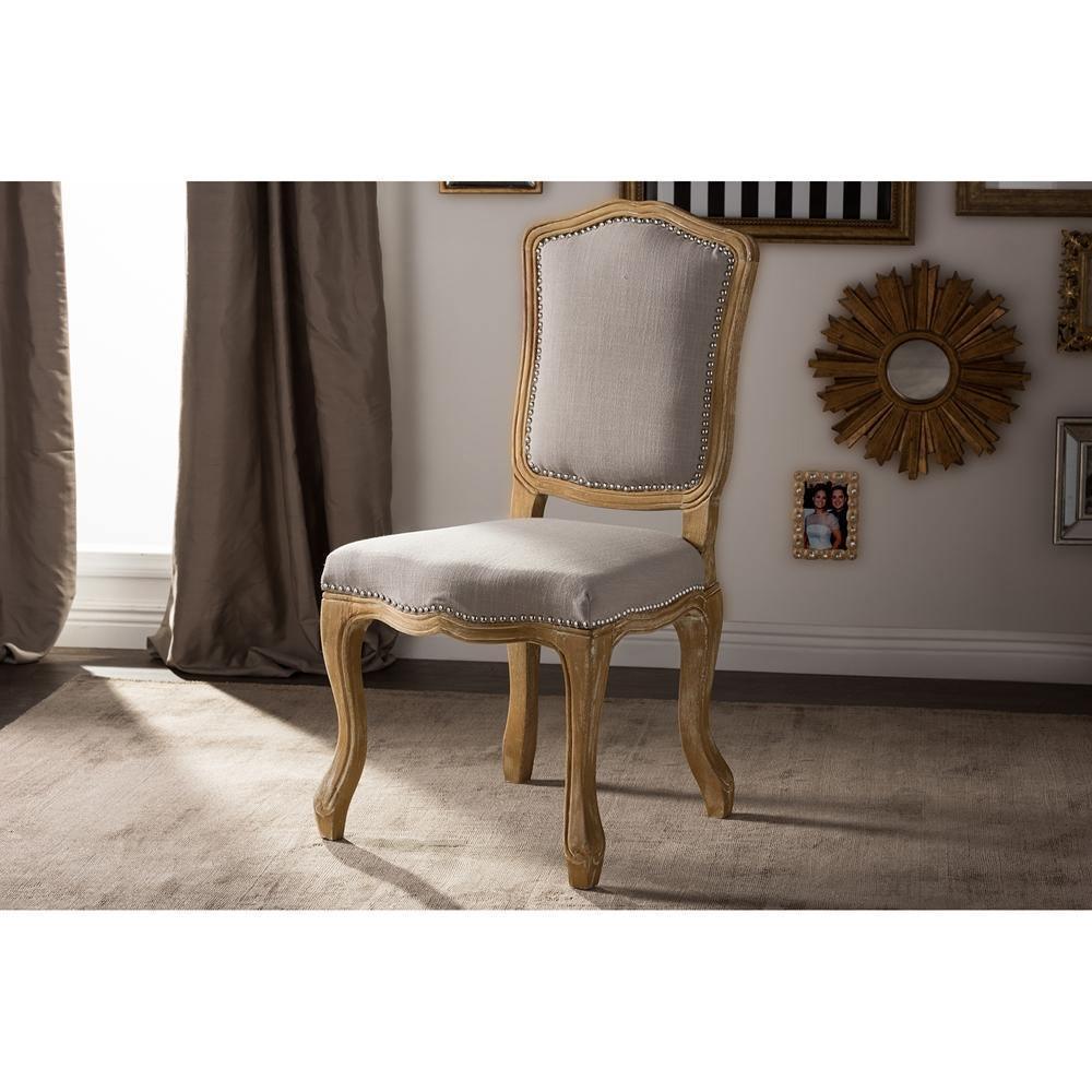 Chateauneuf French Vintage Cottage Weathered Oak Beige Fabric Upholstered Dining Side Chair FredCo
