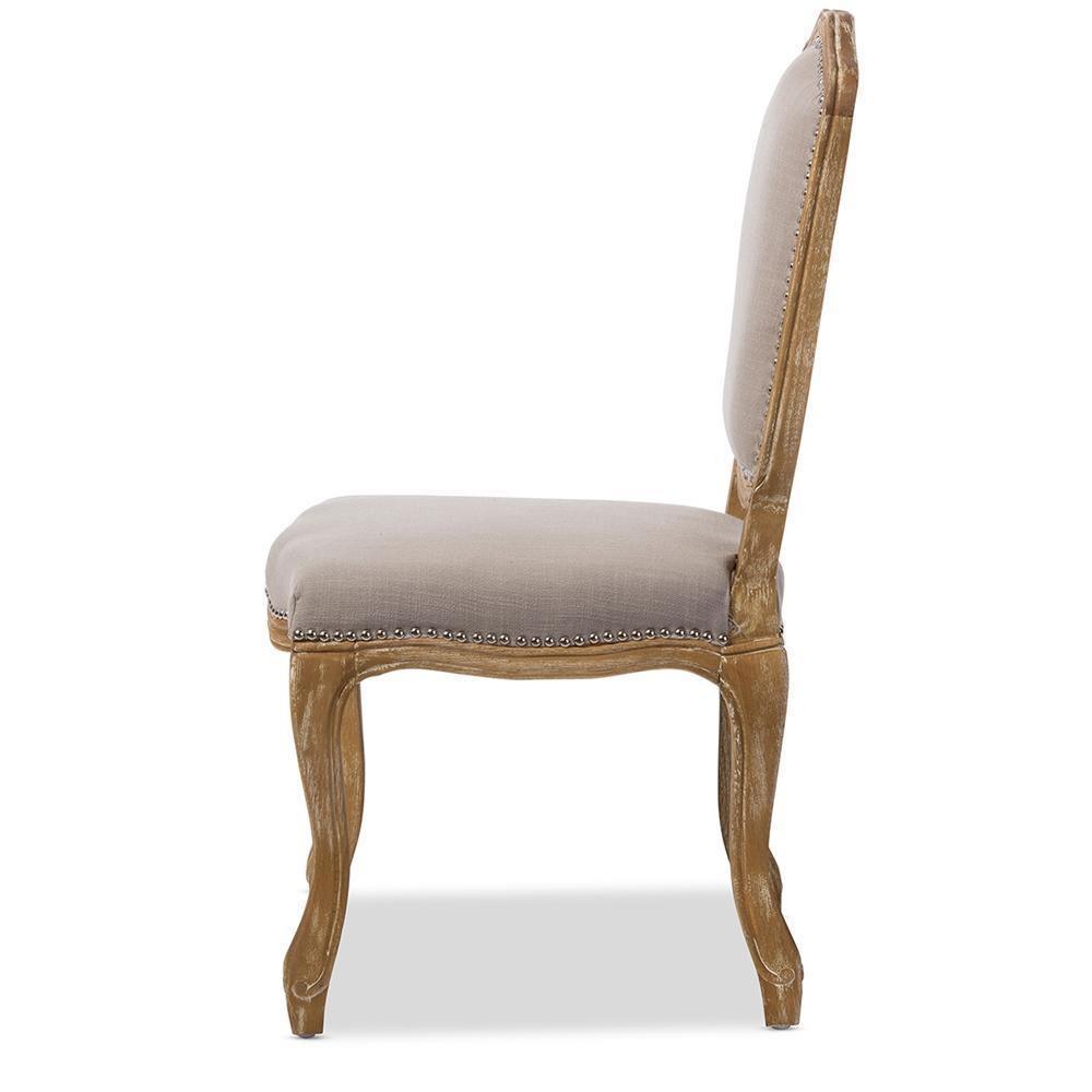 Chateauneuf French Vintage Cottage Weathered Oak Beige Fabric Upholstered Dining Side Chair FredCo