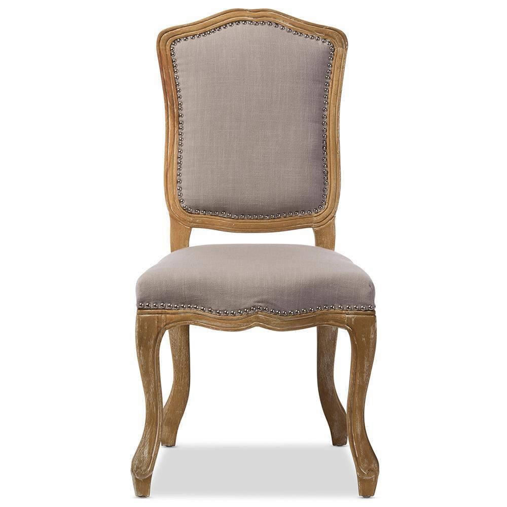 Chateauneuf French Vintage Cottage Weathered Oak Beige Fabric Upholstered Dining Side Chair FredCo