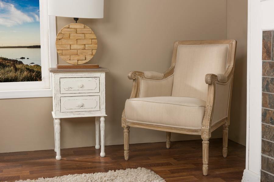 Chavanon Wood & Light Beige Linen Traditional French Accent Chair FredCo