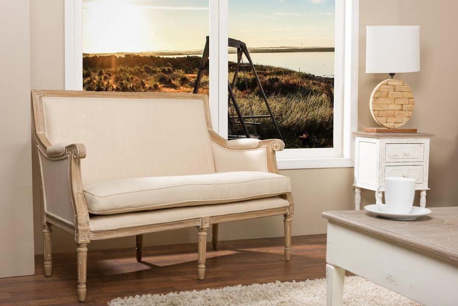 Chavanon Wood & Light Beige Linen Traditional French Loveseat FredCo