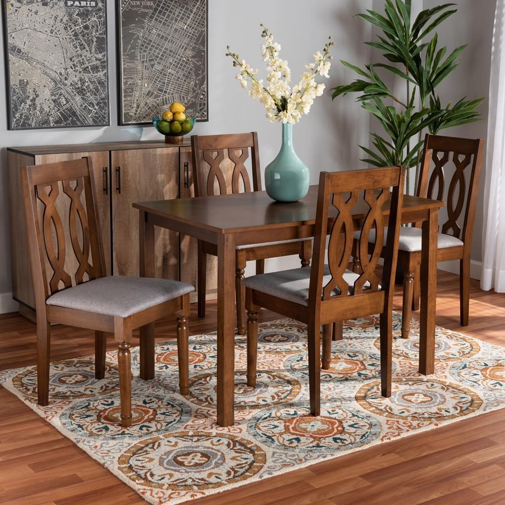 Cherese Modern and Contemporary Grey Fabric Upholstered and Walnut Brown Finished 5-Piece Wood Dining Set FredCo