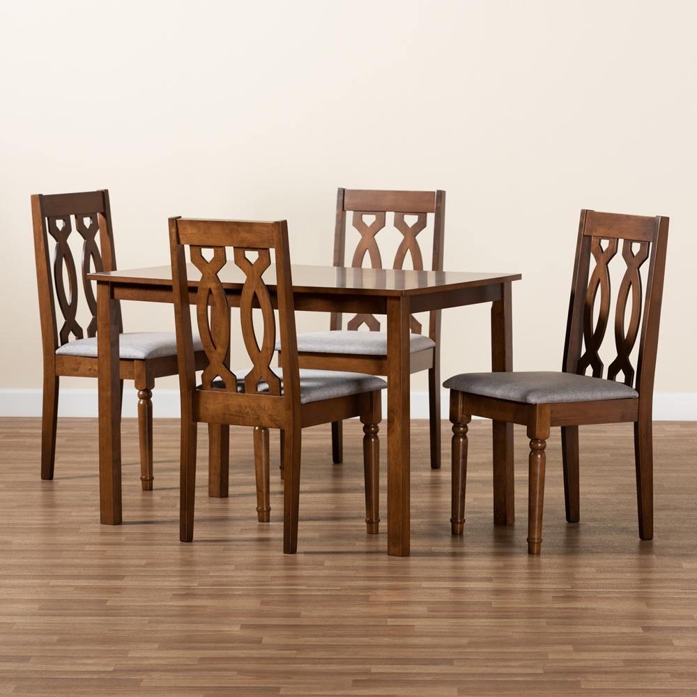 Cherese Modern and Contemporary Grey Fabric Upholstered and Walnut Brown Finished 5-Piece Wood Dining Set FredCo