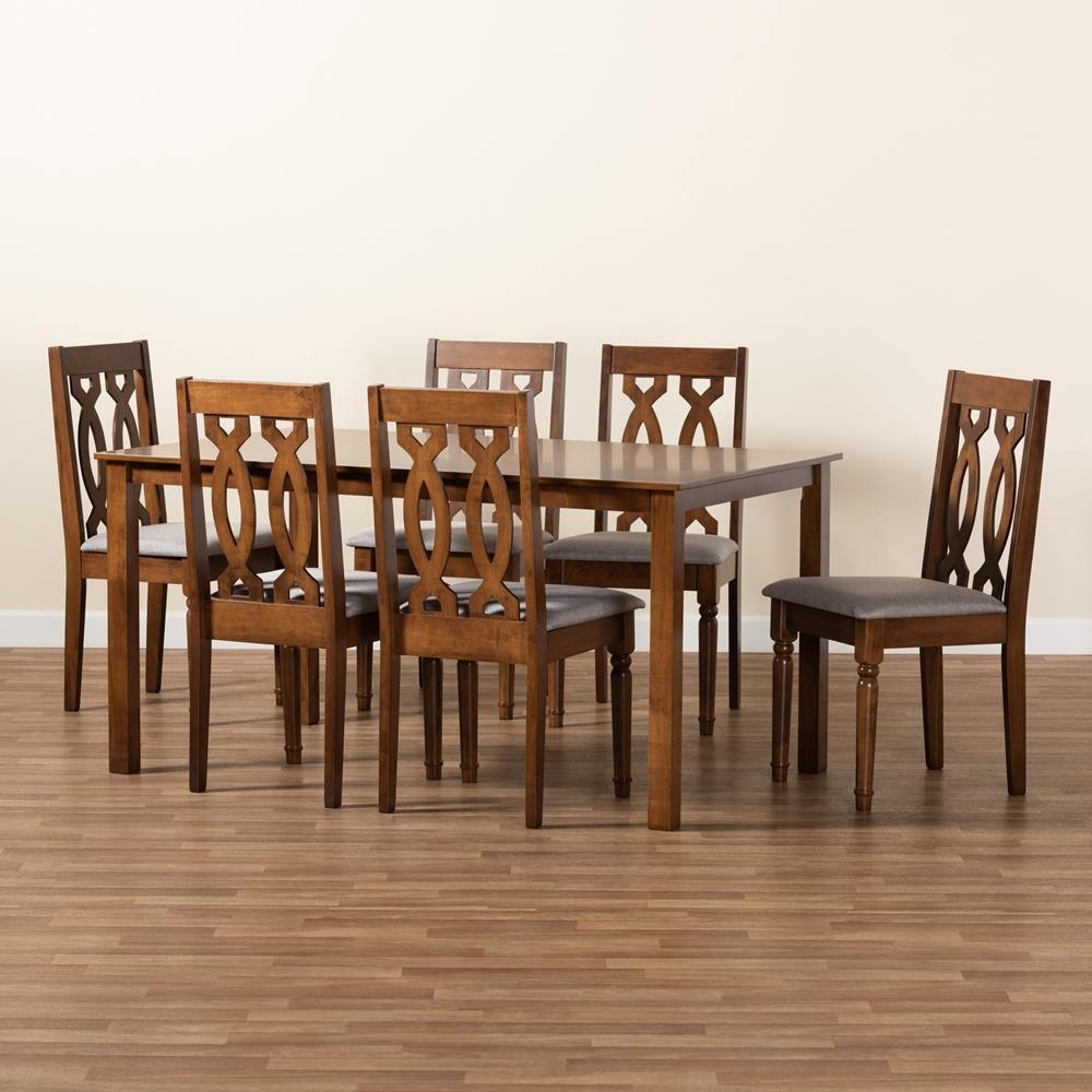 Cherese Modern and Contemporary Grey Fabric Upholstered and Walnut Brown Finished Wood 7-Piece Dining Set FredCo