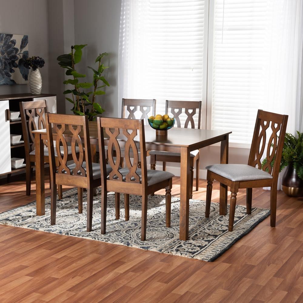 Cherese Modern and Contemporary Grey Fabric Upholstered and Walnut Brown Finished Wood 7-Piece Dining Set FredCo
