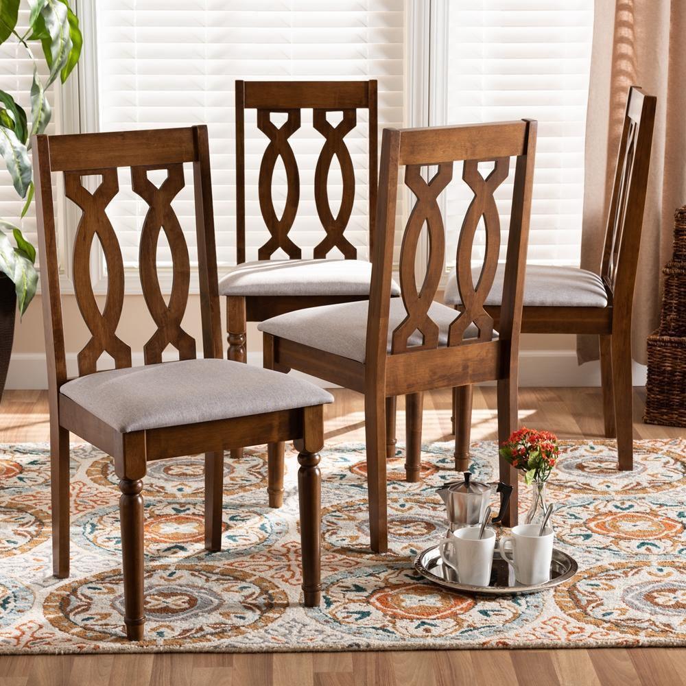 Cherese Modern and Contemporary Grey Fabric Upholstered Walnut Brown Finished 4-Piece Wood Dining Chair Set FredCo