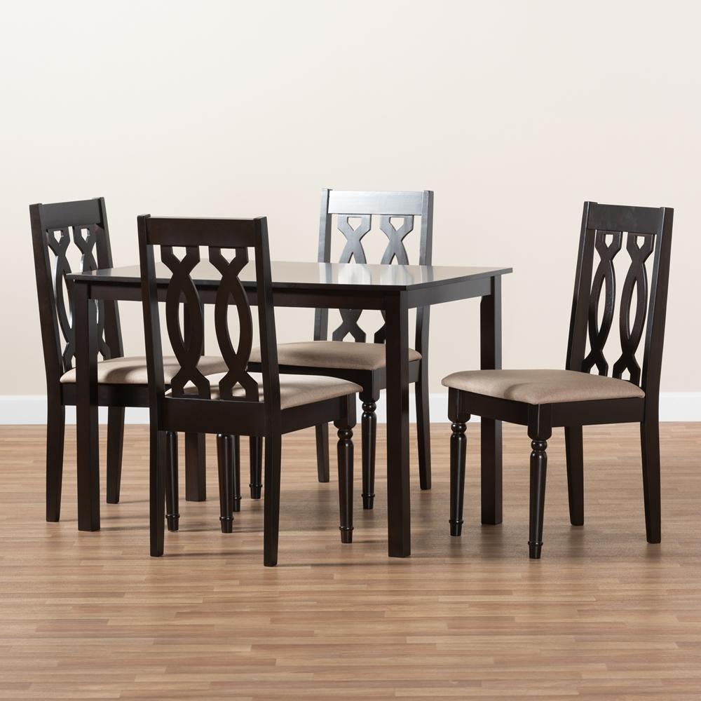 Cherese Modern and Contemporary Sand Fabric Upholstered Espresso Brown Finished 5-Piece Wood Dining Set FredCo