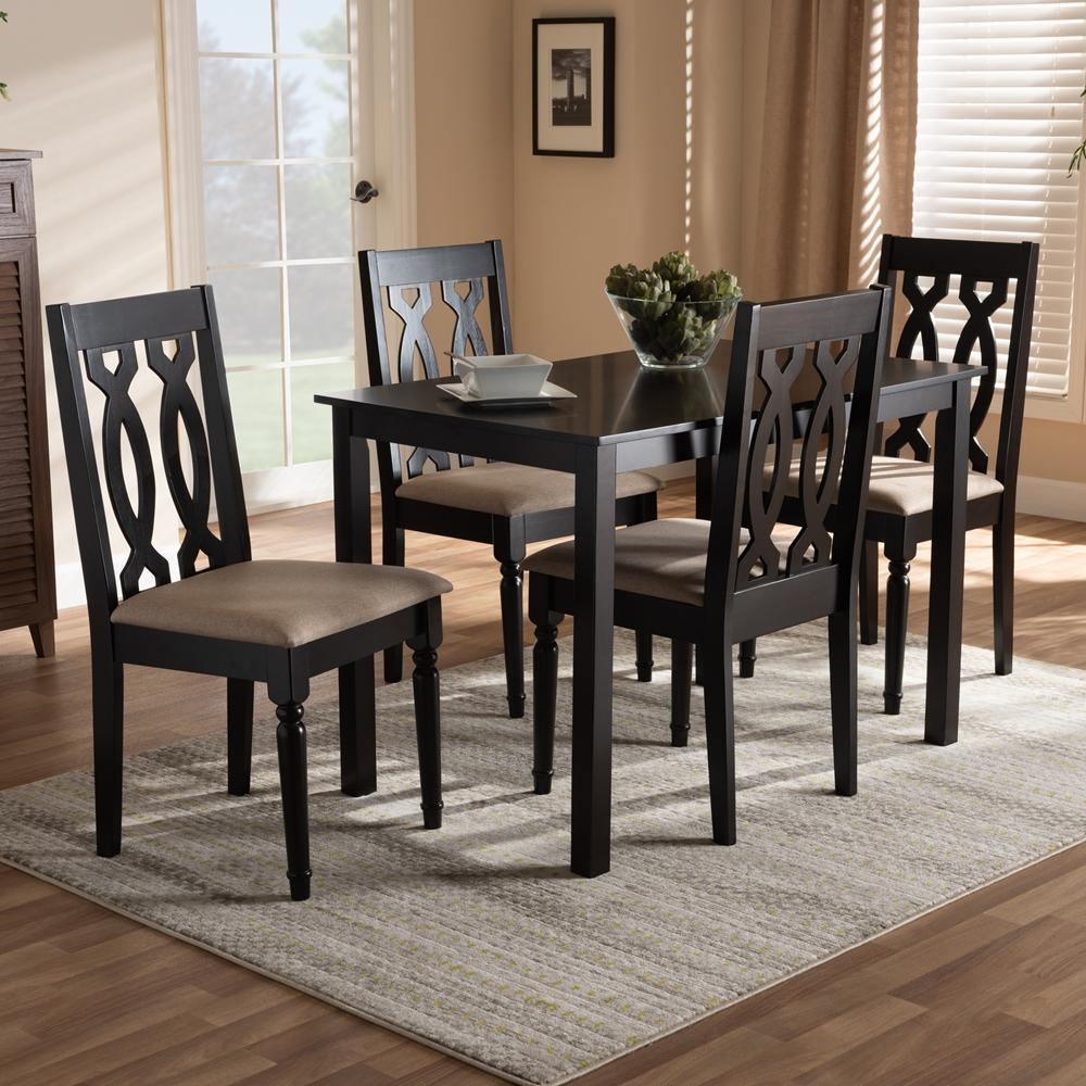 Cherese Modern and Contemporary Sand Fabric Upholstered Espresso Brown Finished 5-Piece Wood Dining Set FredCo
