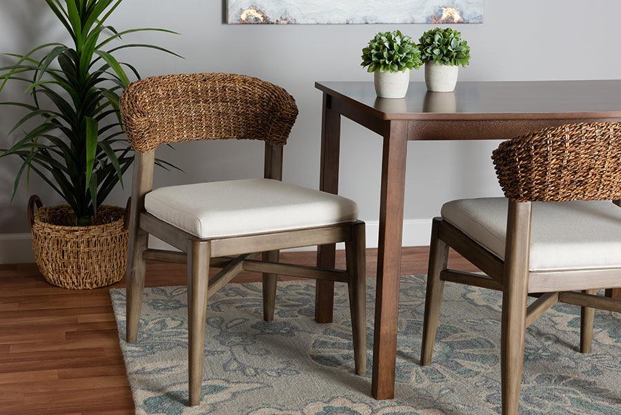 Chloe Modern Bohemian Walnut Brown Finished Mahogany Wood and Natural Rattan Dining Chair FredCo