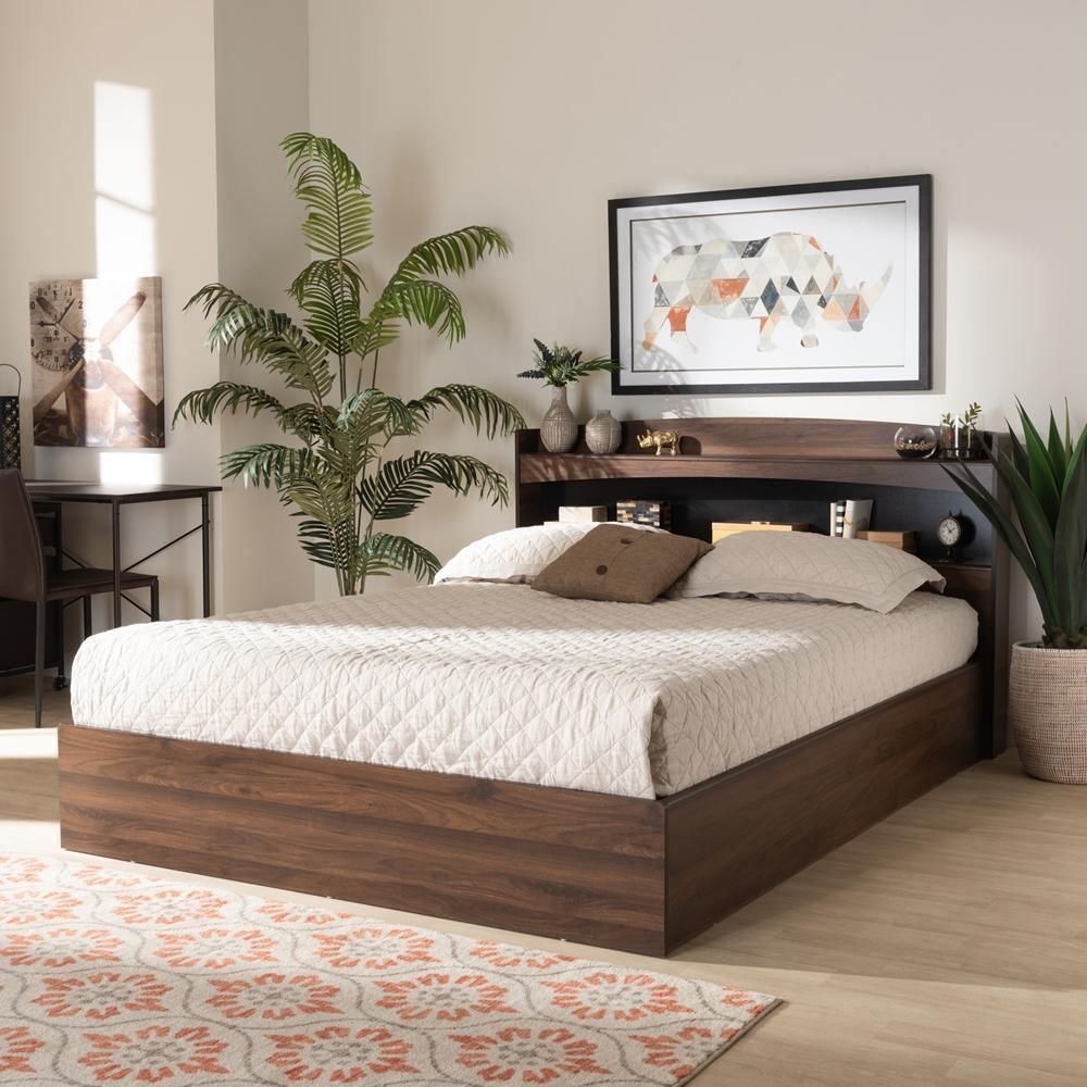 Christopher Modern and Contemporary Rustic Walnut Brown Finished Wood Queen Size Platform Bed with Shelves FredCo