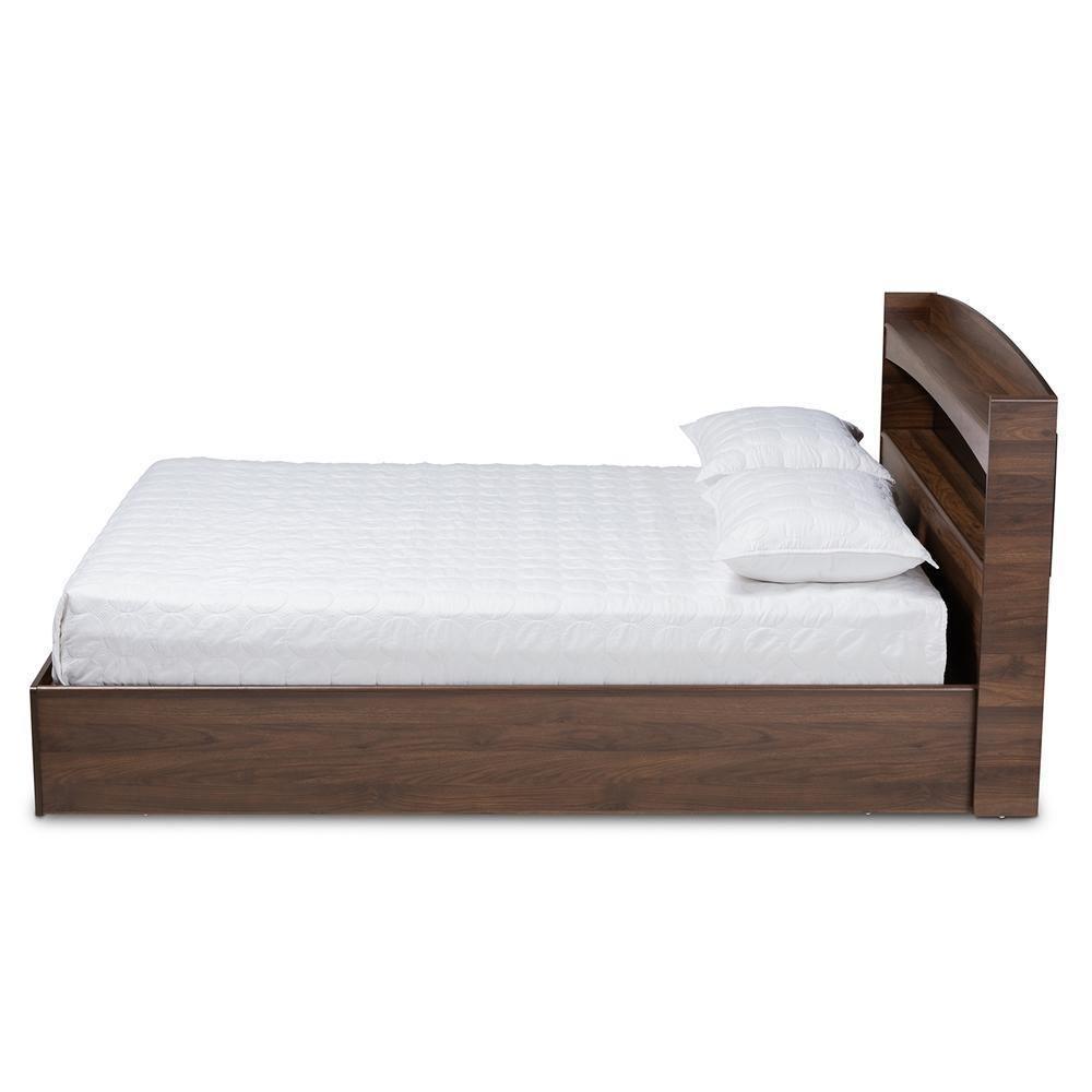 Christopher Modern and Contemporary Rustic Walnut Brown Finished Wood Queen Size Platform Bed with Shelves FredCo