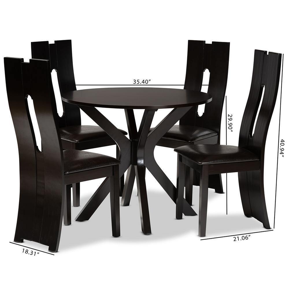 Cian Modern and Contemporary Dark Brown Faux Leather Upholstered and Dark Brown Finished Wood 5-Piece Dining Set FredCo
