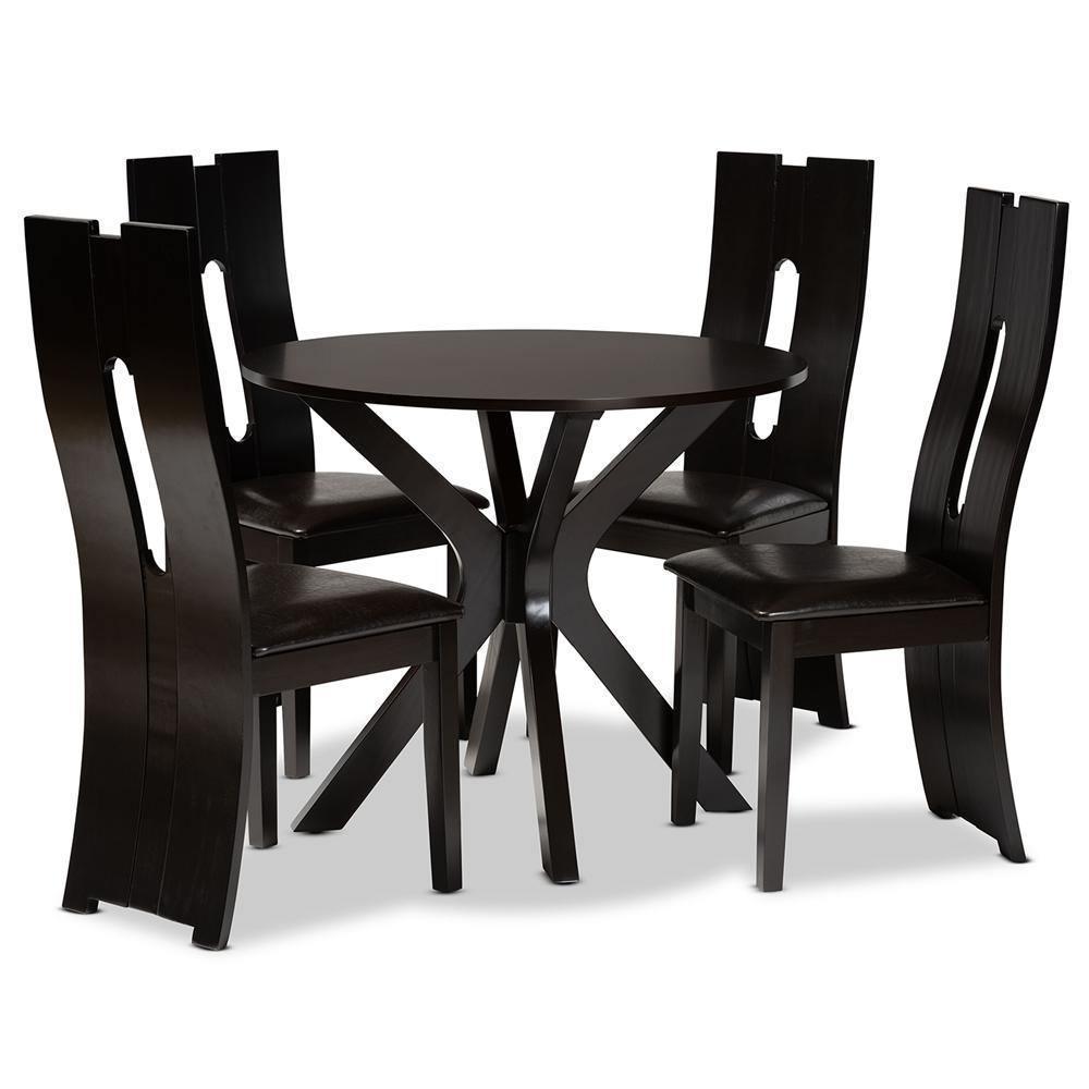 Cian Modern and Contemporary Dark Brown Faux Leather Upholstered and Dark Brown Finished Wood 5-Piece Dining Set FredCo