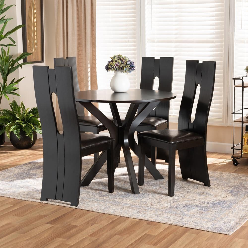 Cian Modern and Contemporary Dark Brown Faux Leather Upholstered and Dark Brown Finished Wood 5-Piece Dining Set FredCo