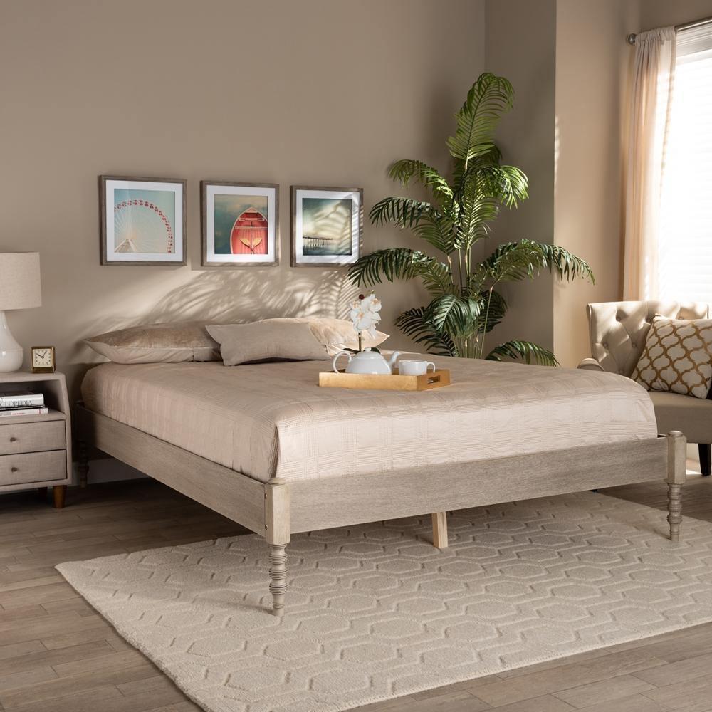 Cielle French Bohemian Antique White Oak Finished Wood Queen Size Platform Bed Frame FredCo