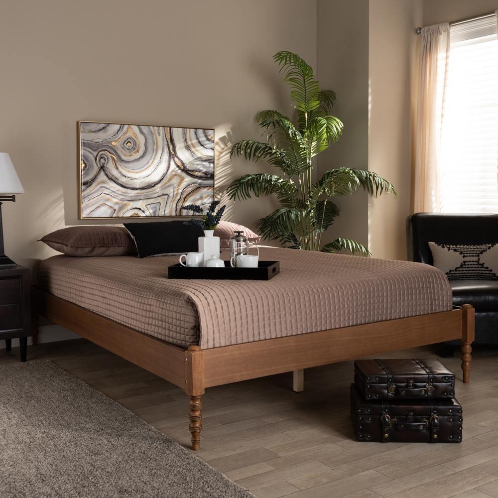 Cielle French Bohemian Ash Walnut Finished Wood Queen Size Platform Bed Frame FredCo