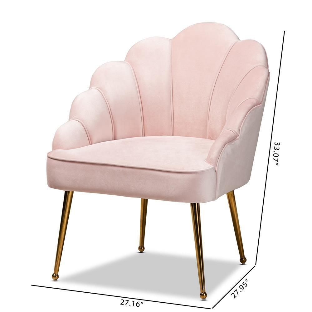 Cinzia Glam and Luxe Light Pink Velvet Fabric Upholstered Gold Finished Seashell Shaped Accent Chair FredCo