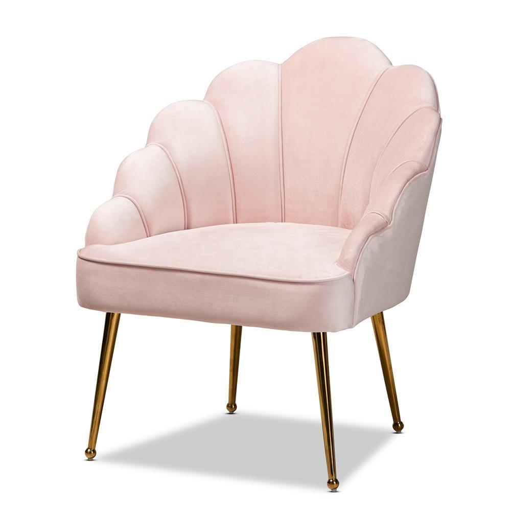 Cinzia Glam and Luxe Light Pink Velvet Fabric Upholstered Gold Finished Seashell Shaped Accent Chair FredCo