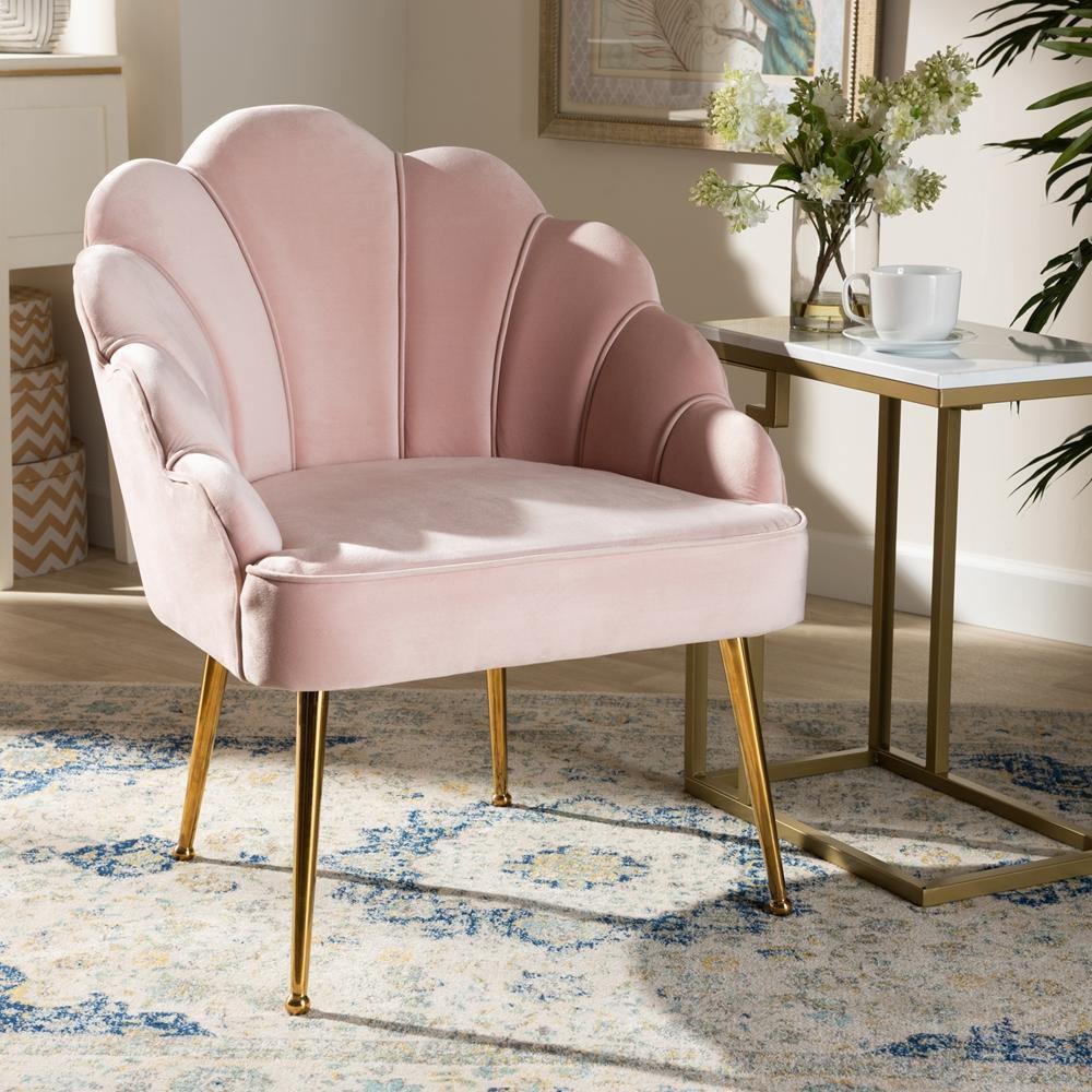 Cinzia Glam and Luxe Light Pink Velvet Fabric Upholstered Gold Finished Seashell Shaped Accent Chair FredCo