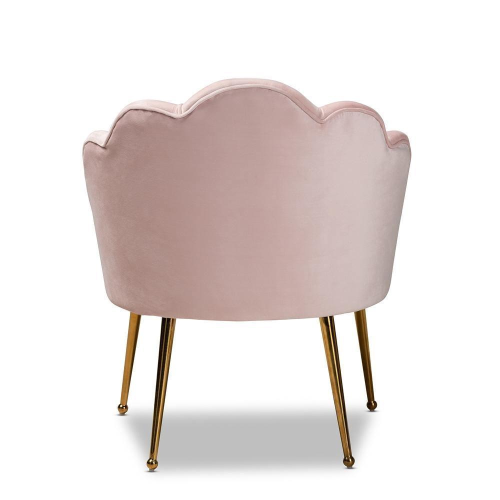 Cinzia Glam and Luxe Light Pink Velvet Fabric Upholstered Gold Finished Seashell Shaped Accent Chair FredCo