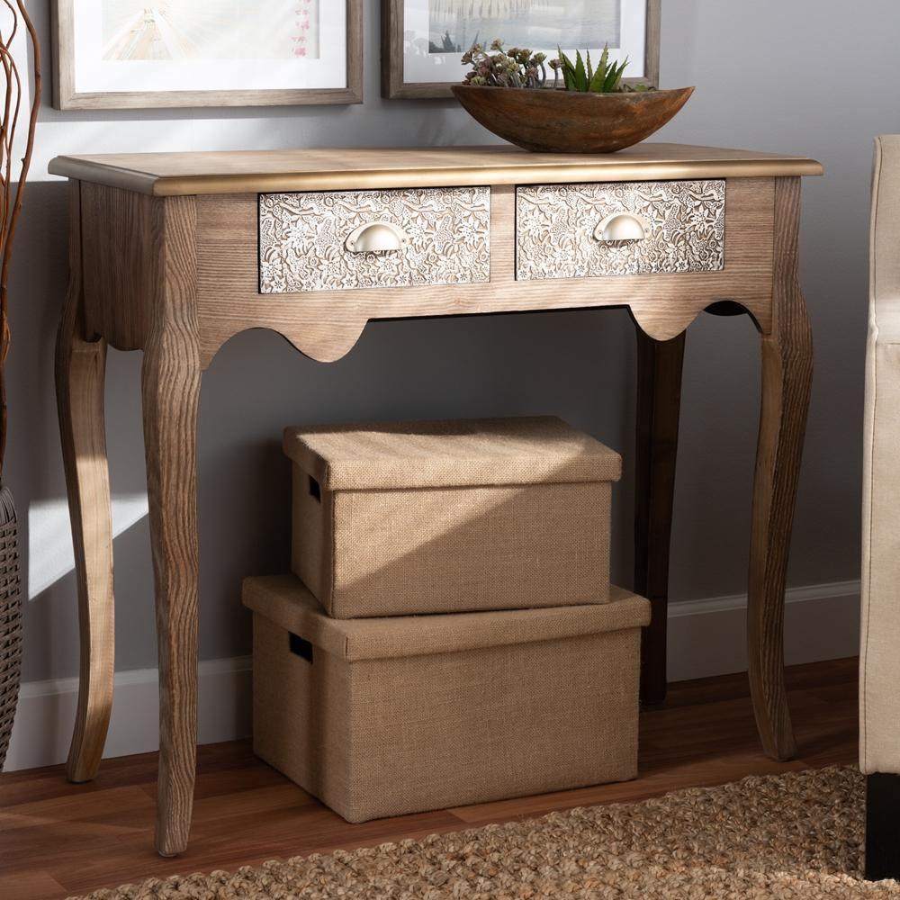 Clarice French Provincial Natural Brown Finished Wood and Metal 2-Drawer Console Table FredCo