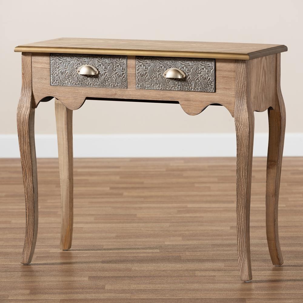 Clarice French Provincial Natural Brown Finished Wood and Metal 2-Drawer Console Table FredCo