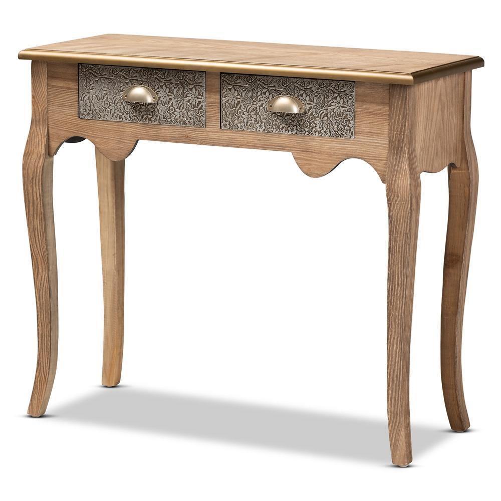 Clarice French Provincial Natural Brown Finished Wood and Metal 2-Drawer Console Table FredCo