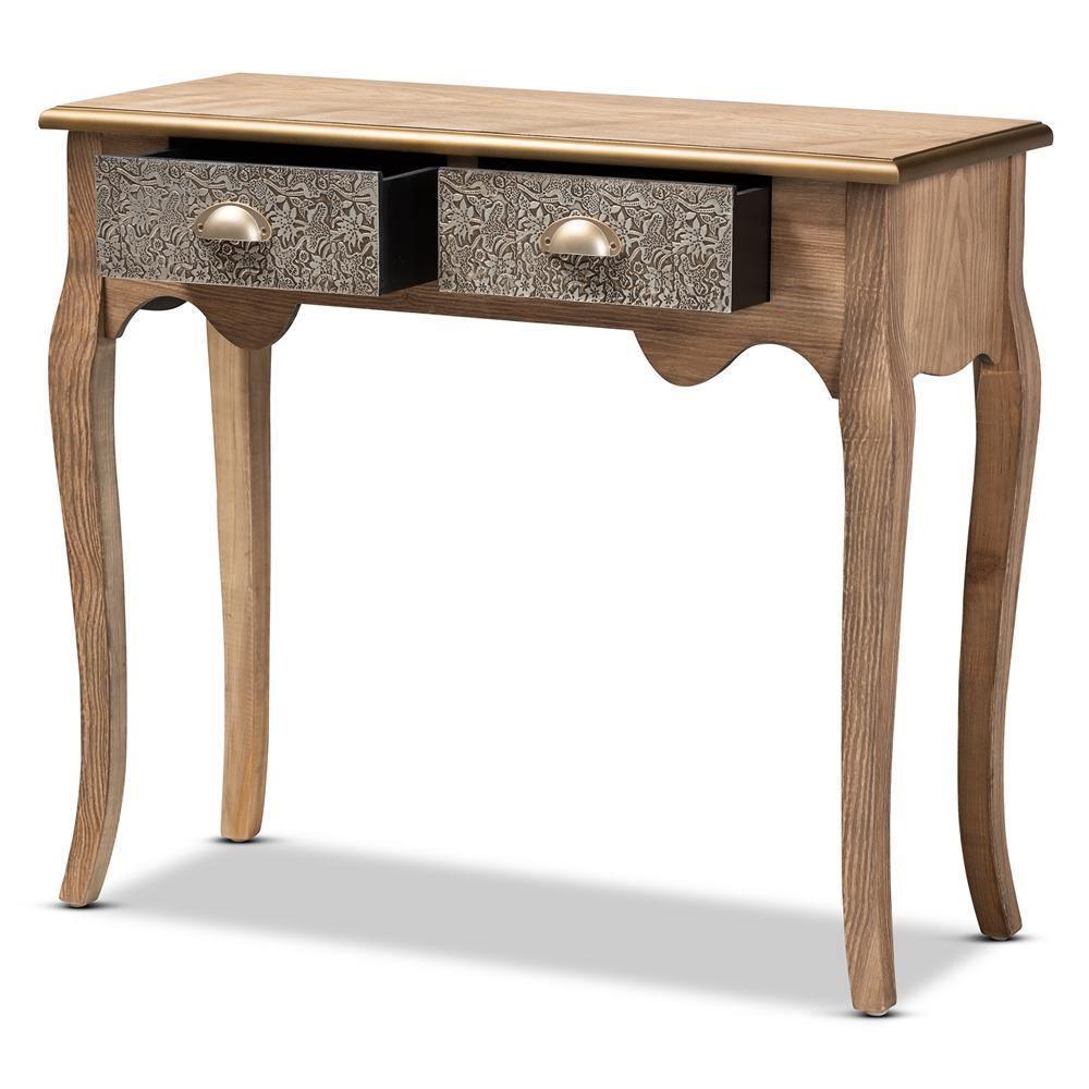 Clarice French Provincial Natural Brown Finished Wood and Metal 2-Drawer Console Table FredCo