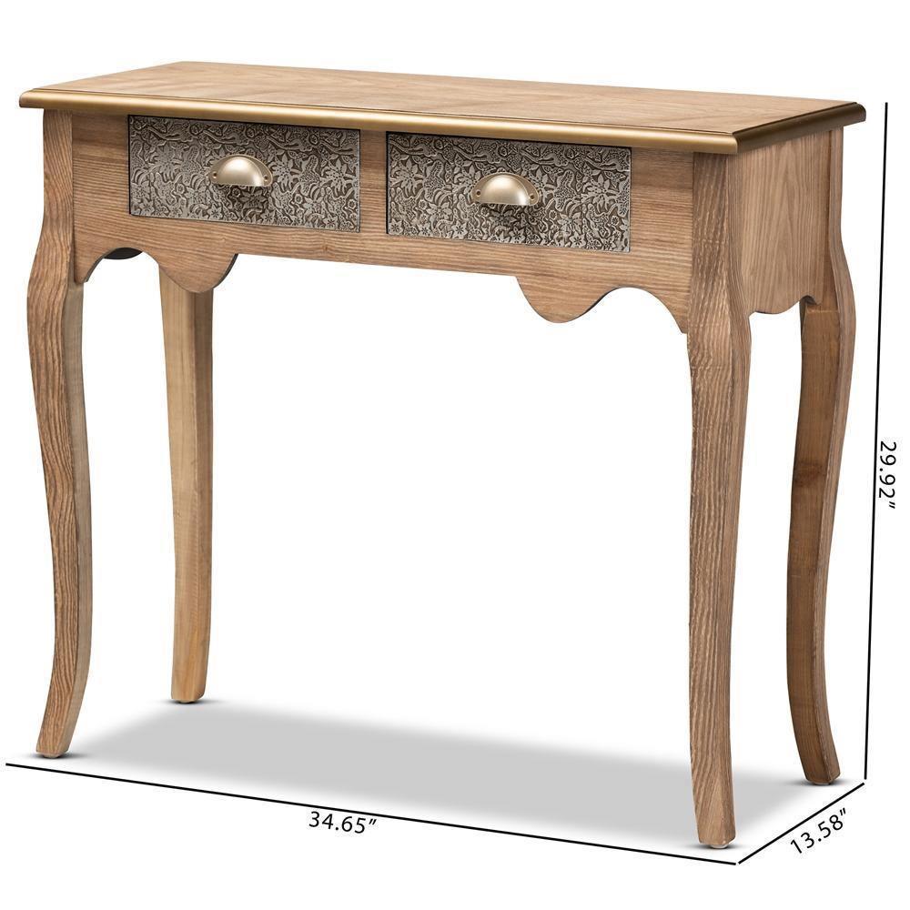 Clarice French Provincial Natural Brown Finished Wood and Metal 2-Drawer Console Table FredCo