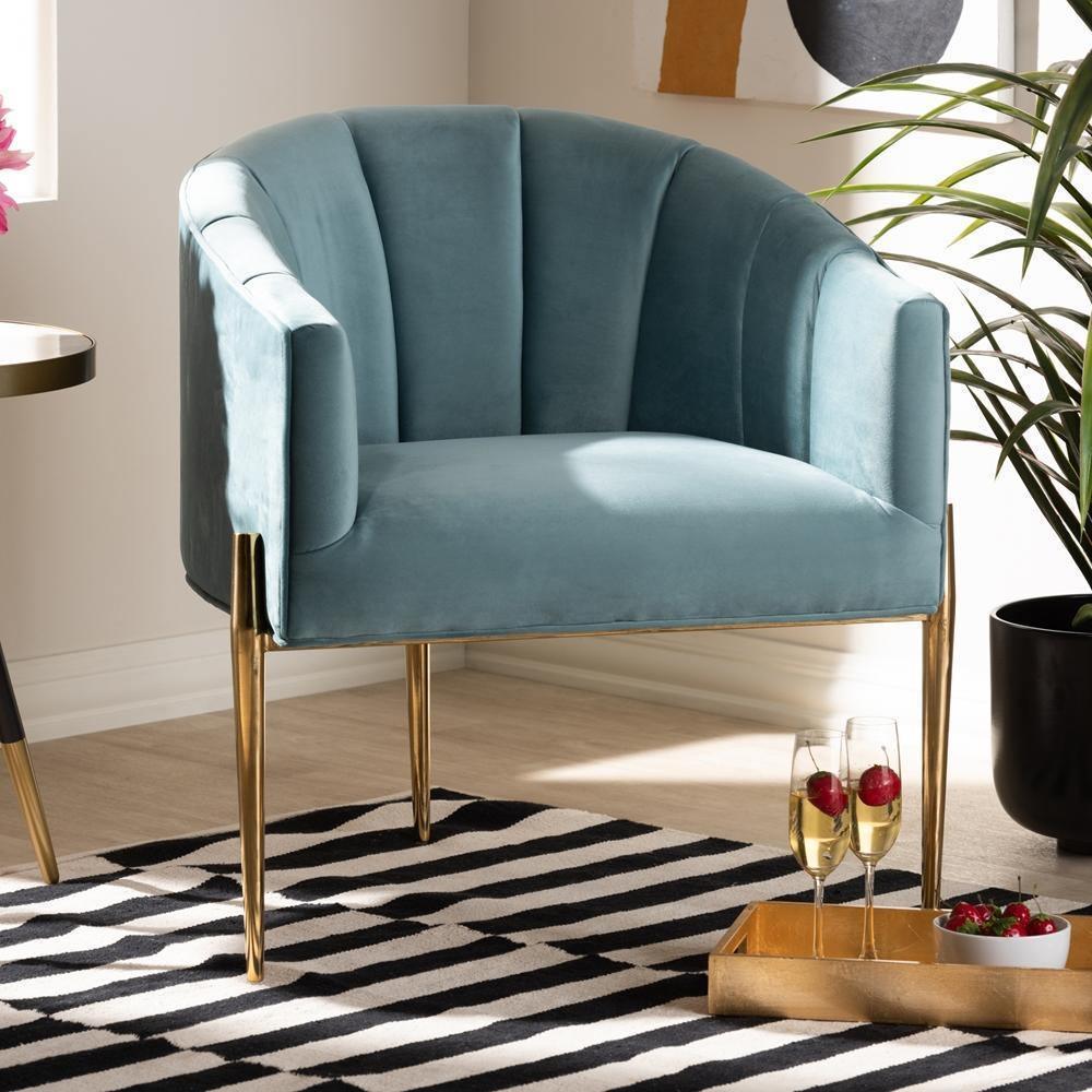 Clarisse Glam and Luxe Light Blue Velvet Fabric Upholstered Gold Finished Accent Chair FredCo