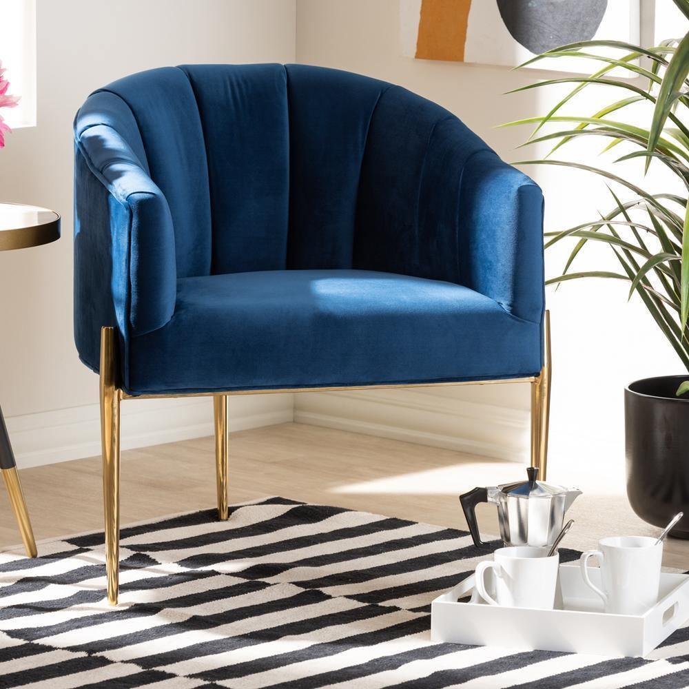 Clarisse Glam and Luxe Navy Blue Velvet Fabric Upholstered Gold Finished Accent Chair FredCo