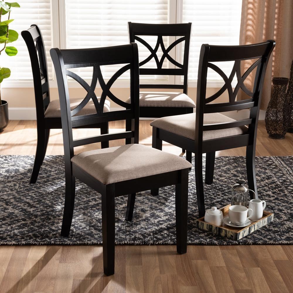 Clarke Modern and Contemporary Sand Fabric Upholstered and Espresso Brown Finished Wood 4-Piece Dining Chair Set FredCo
