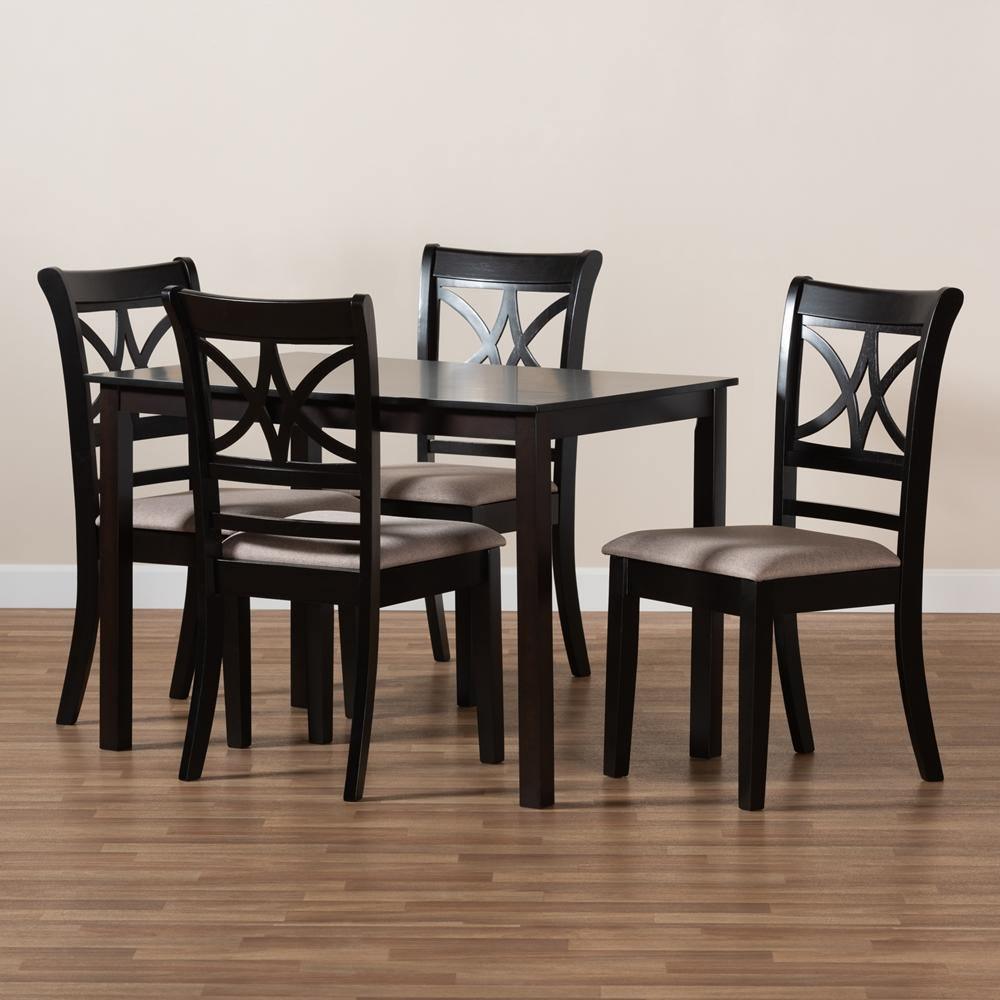 Clarke Modern and Contemporary Sand Fabric Upholstered and Espresso Brown Finished Wood 5-Piece Dining Set FredCo