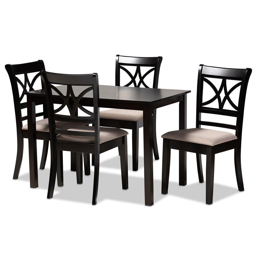 Clarke Modern and Contemporary Sand Fabric Upholstered and Espresso Brown Finished Wood 5-Piece Dining Set FredCo